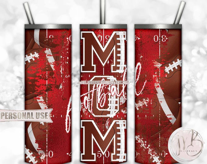 Football Mom 20oz Skinny Tumbler Wrap Sublimation Design • Distressed Footballs Red Football Field Sport Mom Gift • DIY Print and Press