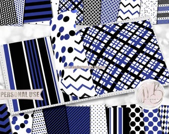 Black and Royal Blue Classic Scrapbook Paper Download • Patterned Geometric Design • Printable Paper Crafts 20 12x12 JPG & PDF