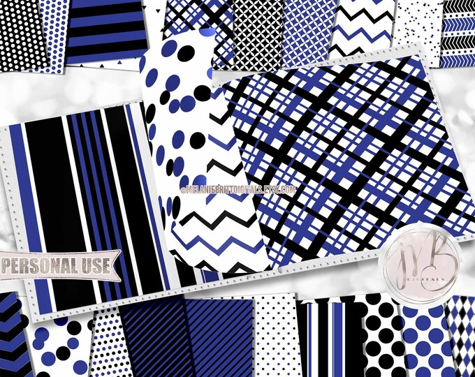 Black and Royal Blue Classic Scrapbook Paper Download • Patterned Geometric Design • Printable Paper Crafts 20 12x12 JPG & PDF