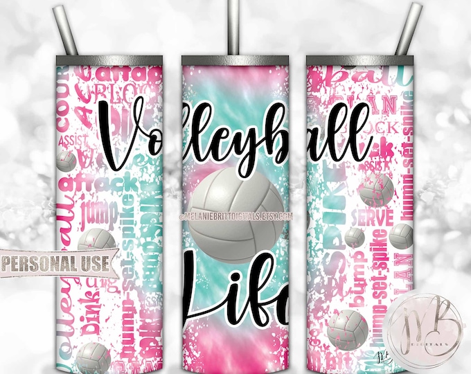Volleyball Life 20oz Skinny Tumbler Wrap Sublimation Download • Pink and Turquoise Tie Dye Typography • DIY Print and Press