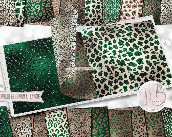 Emerald Green Leopard Scrapbook Paper Download • Sparkling Glitter and Shimmering Foil Design • Printable Paper Crafts 20 12x12 JPG & PDF