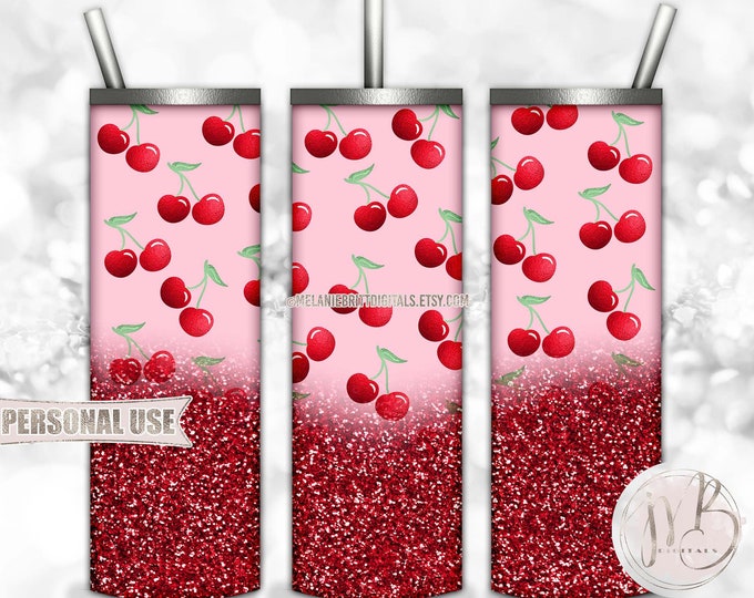 Red and Pink Cherry 20oz Skinny Tumbler Wrap Sublimation Design Download • Realistic Scattered Cherries Red Glitter • DIY Print and Press