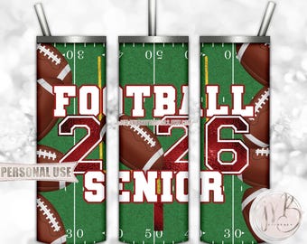 Maroon Football Senior 2026 20oz Skinny Tumbler Wrap Sublimation Design Download • Senior Year Sports Graduate Gift • DIY Print and Press