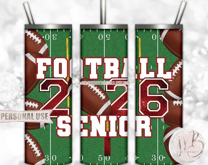Maroon Football Senior 2026 20oz Skinny Tumbler Wrap Sublimation Design Download • Senior Year Sports Graduate Gift • DIY Print and Press