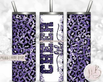 Purple Cheer Life Glitter 20oz Skinny Tumbler Wrap Sublimation Design Download • Leopard Print Cheerleader Gift • DIY Print and Press