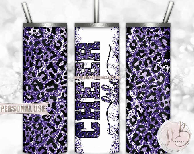 Purple Cheer Life Glitter 20oz Skinny Tumbler Wrap Sublimation Design Download • Leopard Print Cheerleader Gift • DIY Print and Press