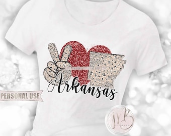 Peace Love Arkansas T-Shirt Sublimation Design Download • Red Glitter Heart Classic Leopard USA Home State Shirt Gift • DIY Print and Press