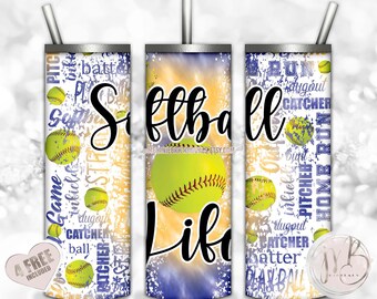 Softball Life 20oz Skinny Tumbler Wrap Sublimation Design Download •Blue Athletic Gold Tie Dye Scattered Softballs • Sublimation Crafts