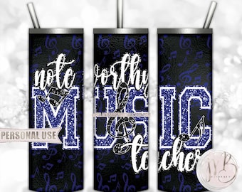 Blue Music Teacher 20oz Skinny Tumbler Wrap Sublimation Download • DIY Print & Press