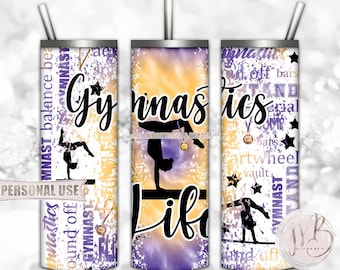 Gymnastics Life 20oz Skinny Tumbler Wrap Sublimation Design • Purple and Athletic Gold Tie Dye Typography Gymnast Gift • DIY Print and Press