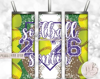 Purple Glitter Softball Senior 2026 20oz Skinny Tumbler Wrap Sublimation Design Download • Varsity Softball Grad Gift • DIY Print and Press