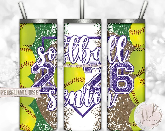 Purple Glitter Softball Senior 2026 20oz Skinny Tumbler Wrap Sublimation Design Download • Varsity Softball Grad Gift • DIY Print and Press