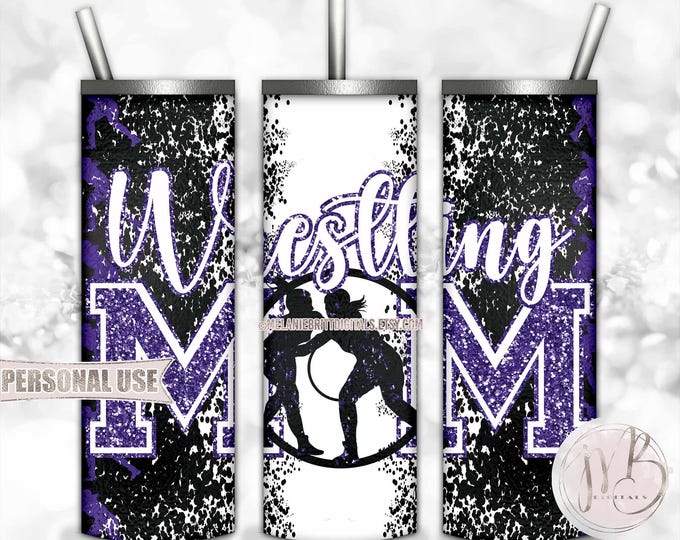 Old Purple Girl Wrestling Mom 20oz Skinny Tumbler Wrap Sublimation Download • Glitter Varsity Letters Wrestler Mom Gift • DIY Print & Press