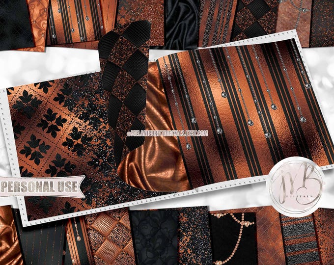 Black and Copper Classy Scrapbook Paper Download • Sophisticated Design Diamonds Glitter Foil • Printable Paper Crafts 20 12x12 JPG & PDF