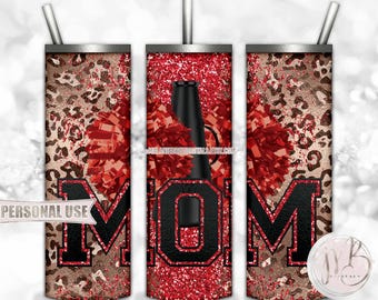Red Cheer Mom 20oz Skinny Tumbler Sublimation Design • Classic Leopard Pom Poms Megaphone Glitter Mom Gift • DIY Print & Press