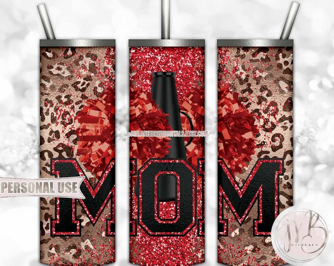 Red Cheer Mom 20oz Skinny Tumbler Sublimation Design • Classic Leopard Pom Poms Megaphone Glitter Mom Gift • DIY Print & Press