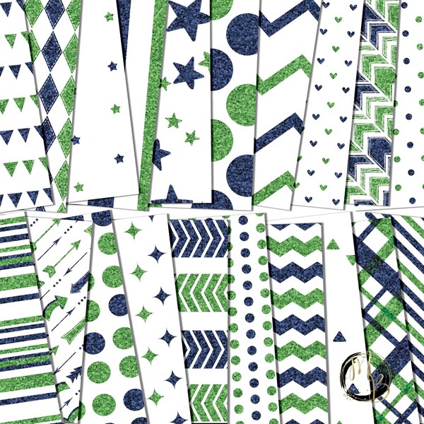 Navy and Lime Glitter Scrapbook Paper Download • Stars Polka Dot Chevron Striped Glittery Design • Printable Paper Crafts 20 12x12 JPG