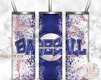 Blue Baseball 20oz Skinny Tumbler Wrap Sublimation Design Download • Distressed Baseball Collage Sports Tumbler Gift • DIY Print and Press
