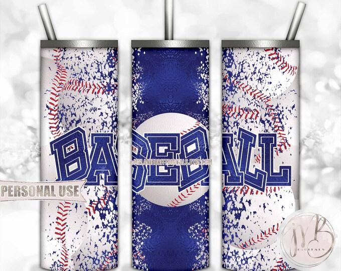 Blue Baseball 20oz Skinny Tumbler Wrap Sublimation Design Download • Distressed Baseball Collage Sports Tumbler Gift • DIY Print and Press