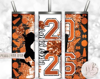 Orange Cheer Senior 2026 20oz Skinny Tumbler Wrap Sublimation Design • Pom Poms Glitter Senior Cheerleader Gift • DIY Print and Press