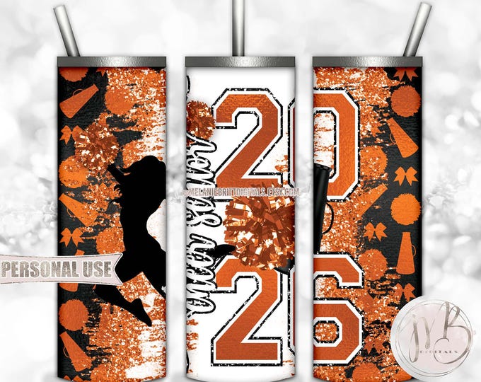 Orange Cheer Senior 2026 20oz Skinny Tumbler Wrap Sublimation Design • Pom Poms Glitter Senior Cheerleader Gift • DIY Print and Press