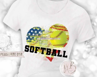 Patriotic Softball Heart T-Shirt Sublimation Design Download • Distressed USA Flag and Softball Collage School Sports • DIY Print and Press