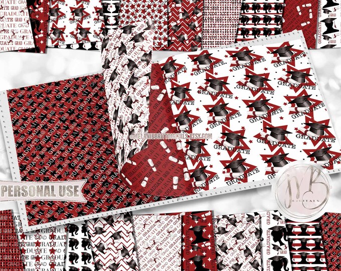 Maroon Graduation Scrapbook Paper Download • Boy and Girl Graduates Mortarboard Diploma Tassel • DIY Scrapbooking Printable
