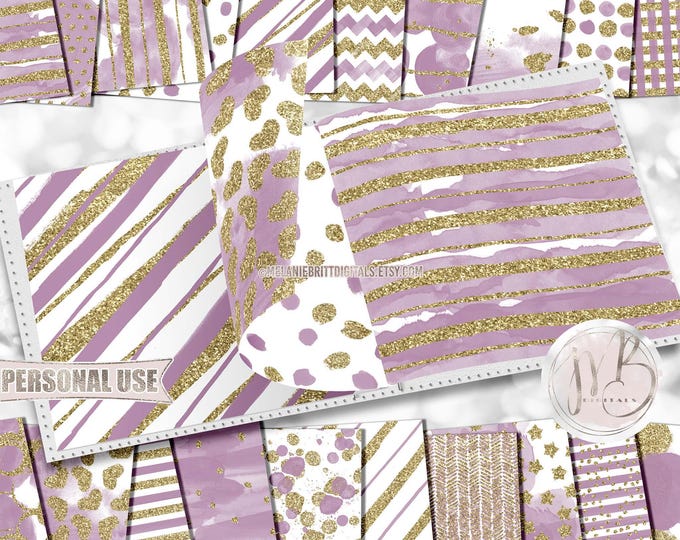 Lilac Glam Watercolor Scrapbook Paper Download • Sparkling Gold Glitter Watercolor Design • DIY Printable Paper Crafts 20 12x12 JPG & PDF