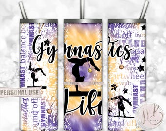Gymnastics Life 20oz Skinny Tumbler Wrap Sublimation Download • Purple and Athletic Gold Tie Dye Typography • DIY Print and Press