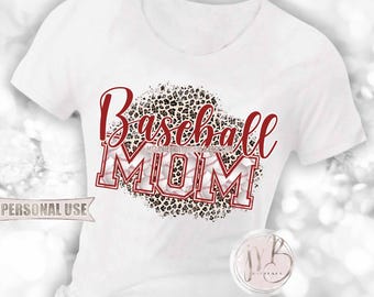 Maroon Baseball Mom T-Shirt Sublimation Design Download • Classic Leopard Print Baseball Varsity Letters Mom Gift • DIY Print and Press