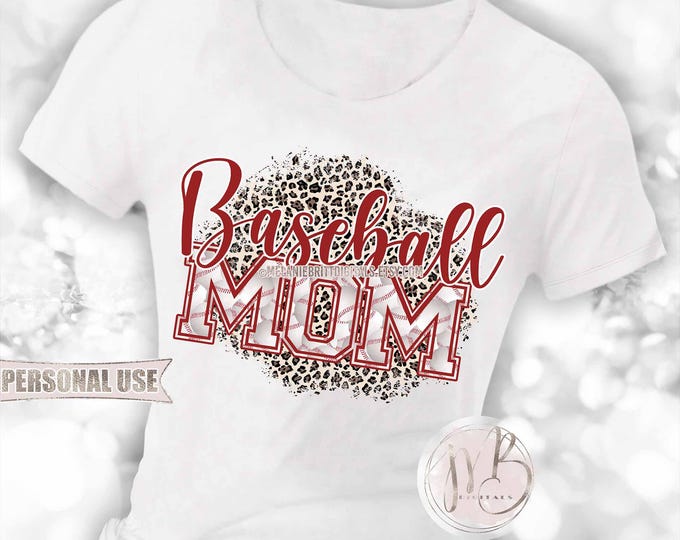 Maroon Baseball Mom T-Shirt Sublimation Design Download • Classic Leopard Print Baseball Varsity Letters Mom Gift • DIY Print and Press