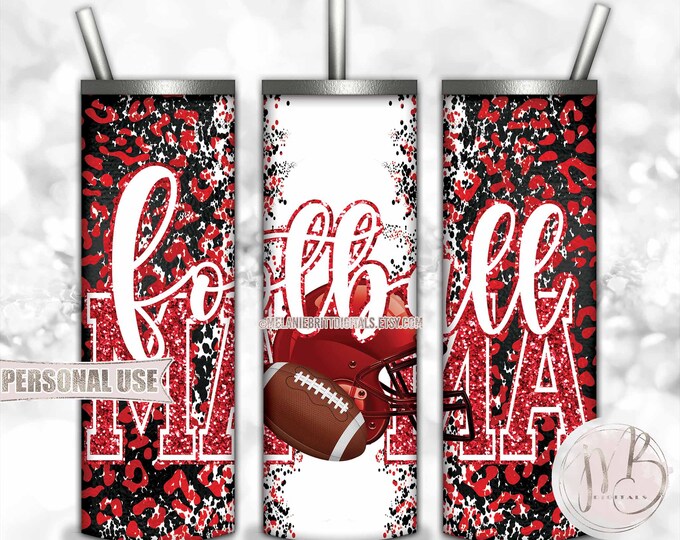 Red Football Mama 20oz Skinny Tumbler Wrap Sublimation Design • Football Helmet Leopard Print Sports Mama Gift • DIY Print and Press