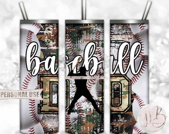 Camo Baseball Dad 20oz Skinny Tumbler Wrap Sublimation Design • Distressed Camouflage Design Sports Baseball Dad Gift • DIY Print and Press