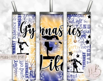 Gymnastics Life 20oz Skinny Tumbler Wrap Sublimation Design • Blue and Athletic Gold Tie Dye Gymnast Medals Typography • DIY Print and Press