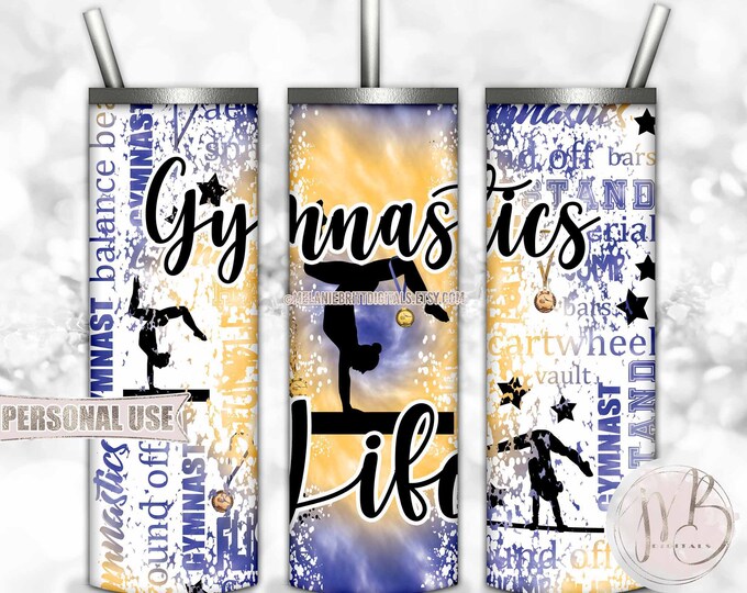Gymnastics Life 20oz Skinny Tumbler Wrap Sublimation Design • Blue and Athletic Gold Tie Dye Gymnast Medals Typography • DIY Print and Press