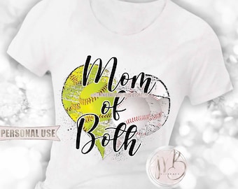Black Baseball and Softball Mom of Both Heart T-Shirt Sublimation Design Download • School Sports Ball Park Mom Gift • DIY Print and Press