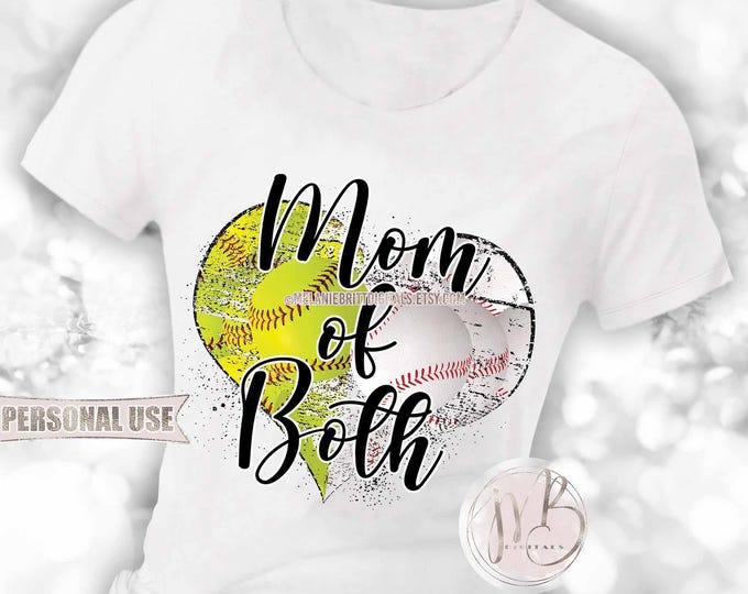 Black Baseball and Softball Mom of Both Heart T-Shirt Sublimation Download • School Sports Ball Park Mom Gift • DIY Print and Press