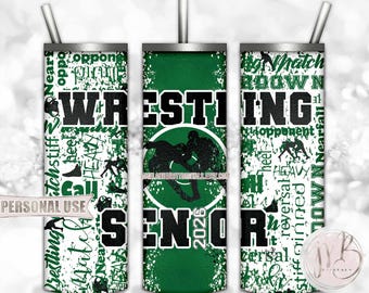 Green Boy Wrestling Senior 2026 20oz Skinny Tumbler Wrap Sublimation Download • Wrestler Grad Gift Wrestling Typography • DIY Print & Press