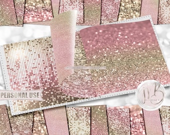 Pink Champagne Glitzy Scrapbook Paper Download • Sparkling Glitter Bokeh Sequins Mosaic Design • Printable Paper Crafts 20 12x12 JPG & PDF