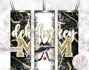 Gold Glitter DEK Hockey Mom 20oz Skinny Tumbler Wrap Sublimation Design Download • Street Hockey Shoes Sticks and Ball • DIY Print & Press
