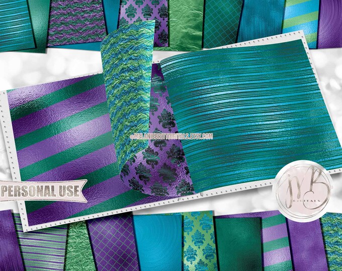 Emerald Purple Blue Lime Luxe Scrapbook Paper Download • Unique Shimmering Metallic Foil Design • Printable Paper Crafts 20 12x12 JPG & PDF