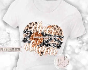 Orange Cheer Alumni 2025 Heart T-Shirt Sublimation Design • Pom Pom Megaphone Classic Leopard Glitter Graduate Gift • DIY Print and Press