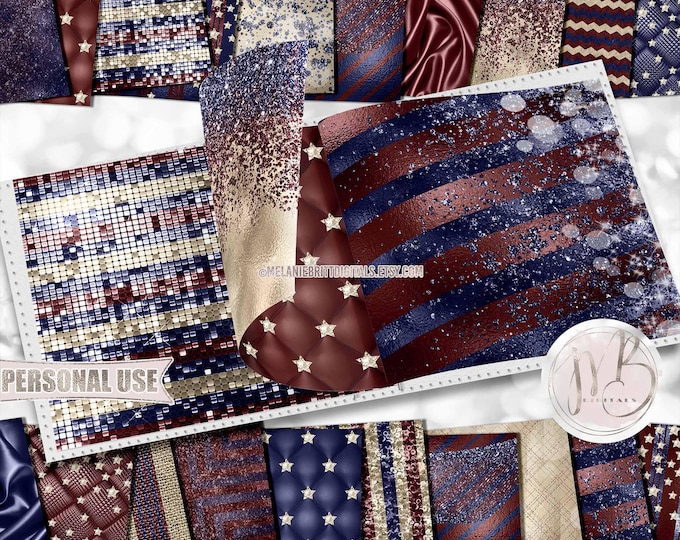 Luxury Vintage Patriotic Scrapbook Paper Download • Diamond Stars Luxurious Design Glitter Foil • Printable Paper Crafts 20 12x12 JPG & PDF