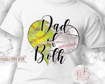 Black Baseball and Softball Dad of Both Heart T-Shirt Sublimation Design Download • School Sports Ball Park Dad Gift • DIY Print and Press