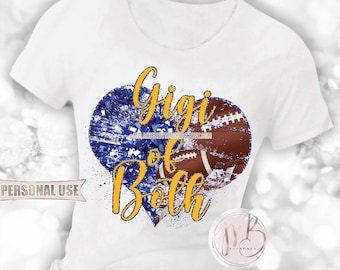 Blue and Athletic Gold Gigi of Both Heart T-Shirt Sublimation Design • Football Collage and Cheer Poms Sports Gigi Gift • DIY Print & Press