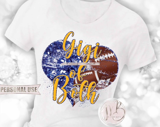 Blue and Athletic Gold Gigi of Both Heart T-Shirt Sublimation Download • Football Collage Cheer Poms Sports Gigi Gift • DIY Print & Press