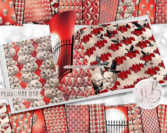 Red and Champagne Gothic Halloween Skulls Scrapbook Paper Download • Raven Spider Cross Moon • Scrapbooking Printable