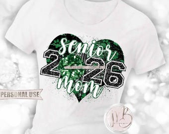 Green and Black Cheer Senior 2026 Mom Heart T-Shirt Sublimation Design Download • Paw Prints Pom Pom Megaphone Glitter • DIY Print and Press