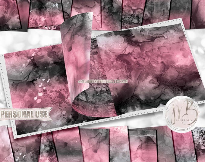Pink and Black Alcohol Ink Scrapbook Paper Download • Painted Abstract Fluid Art Inked Design • Printable Paper Crafts 20 12x12 JPG & PDF