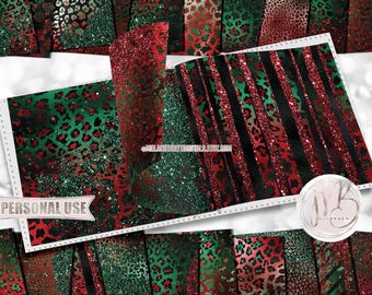 Glam Christmas Leopard Scrapbook Paper Download • Red and Green Holiday Leopard Glitter and Foil • Printable Paper Crafts 20 12x12 JPG & PDF